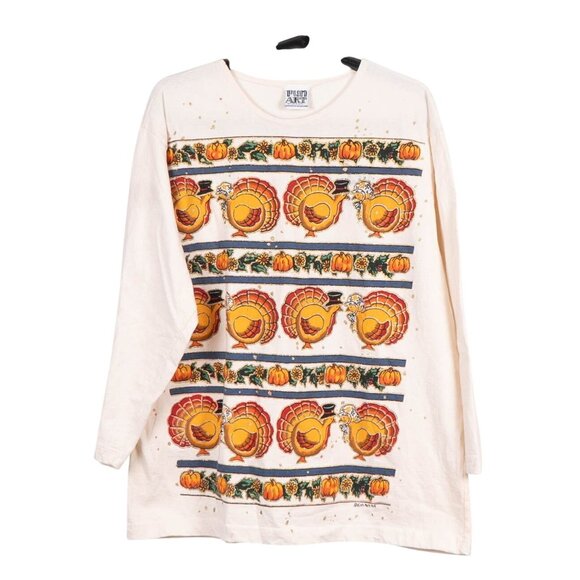 Fun Art VTG Thanksgiving Turkey TShirt M Womens Long Sleeve Pumpkins Pilgrims - Picture 1 of 6
